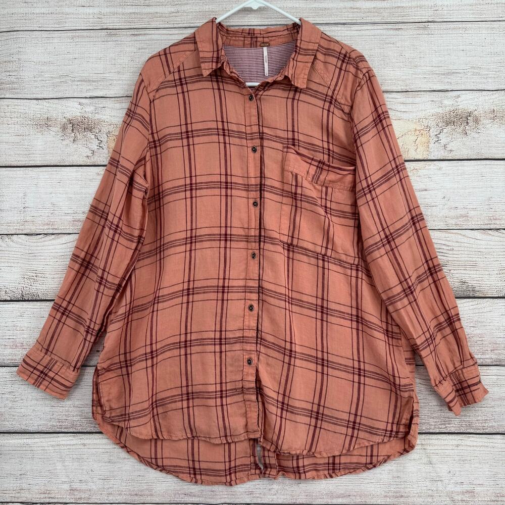 Free People‎ Button Down Linen Plaid Tunic Blouse Womens L Pink Burgundy